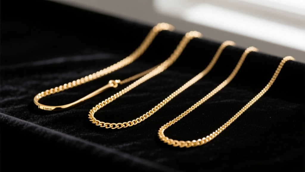 Macro photograph of three gold necklace chains laid flat on black velvet, showing 1mm, 2mm, and 4mm thickness variations in sharp focus.
