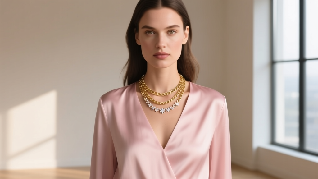 Model wearing the Kate Spade scatter necklace layered with a 20-inch gold chain, showing a V-neck silk blouse in soft daylight.