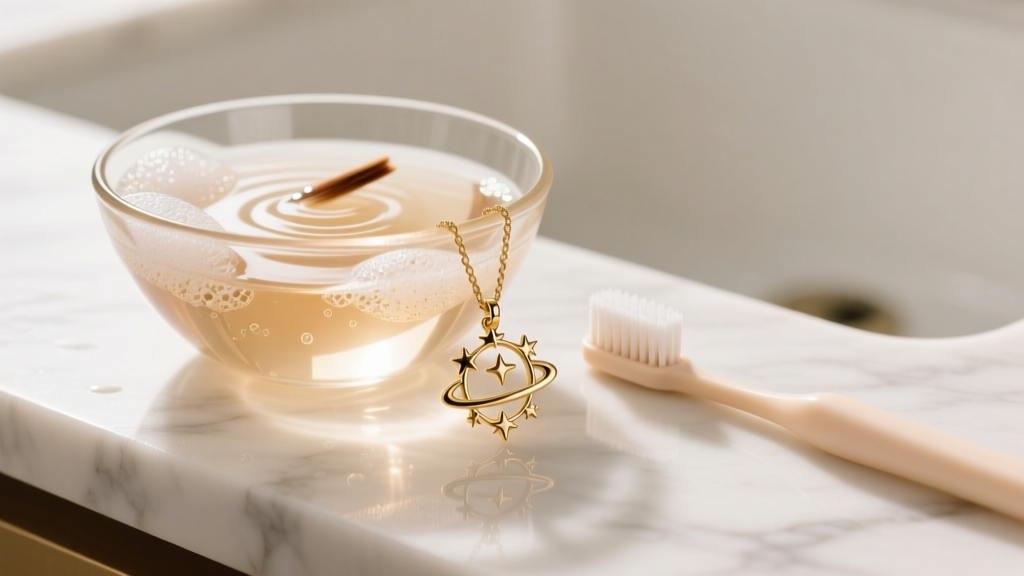 Glass bowl with warm soapy water and a soft baby toothbrush beside a gold vermeil celestial pendant on a white marble countertop.