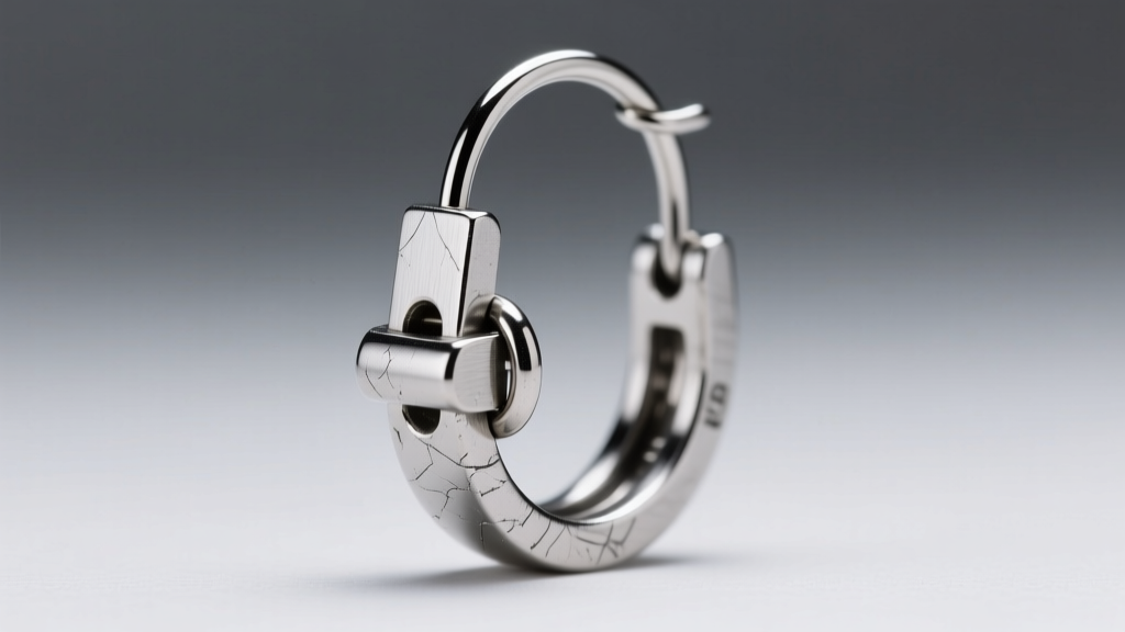 Macro shot of an 18-gauge titanium wire clasp on a heavy dangling hoop earring showing a sturdy hinge under bright studio lights.