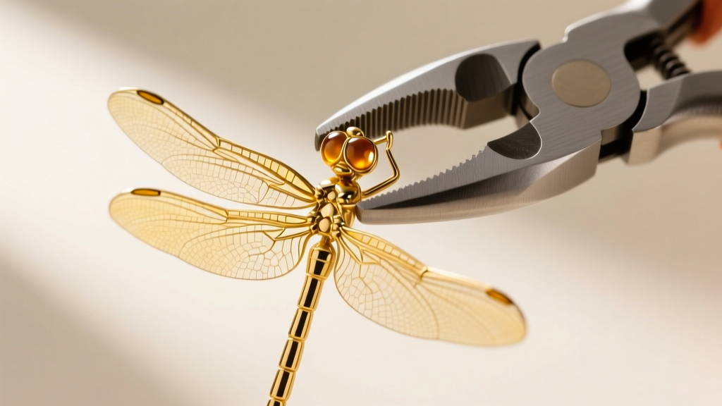Nylon-jaw pliers gently gripping the bent wing of a gold dragonfly stud earring to straighten the metal without scratching it.