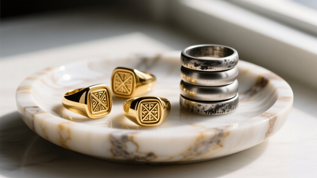 Close-up of a travertine jewelry ring holder dish holding three heavy 18k gold signet rings and a stack of oxidized silver bands.