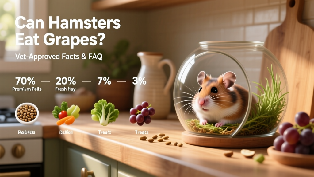 Infographic showing weekly hamster diet balance: 70% pellets, 20% hay, 7% veggies, 3% treats (including grapes)