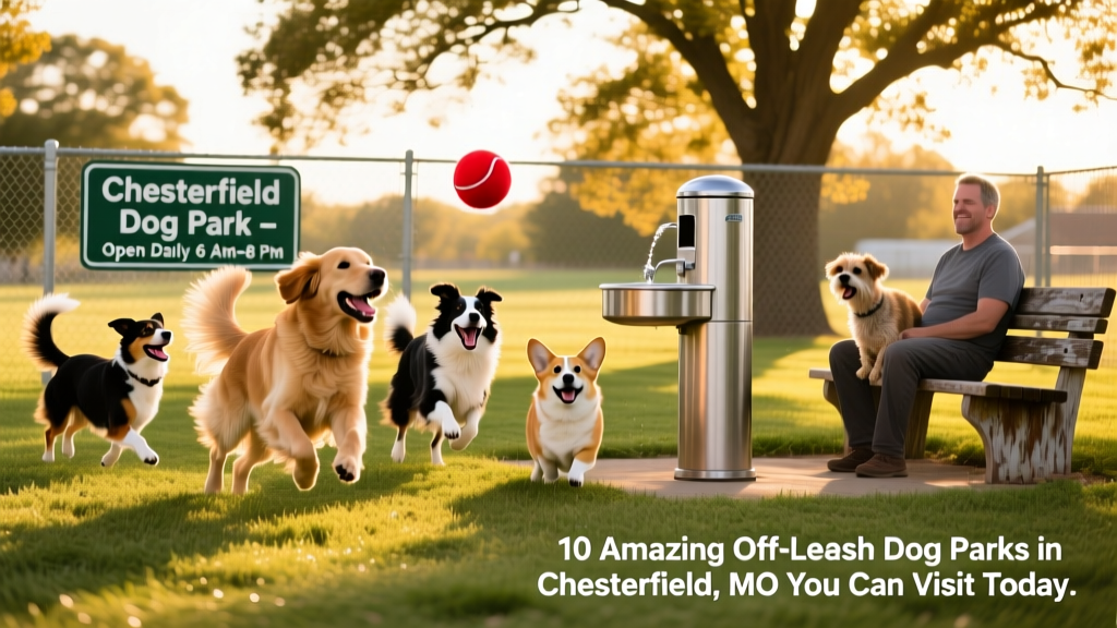 Group of dogs playing fetch in a sun-dappled, fenced dog park with visible signage, water station, and bench seating