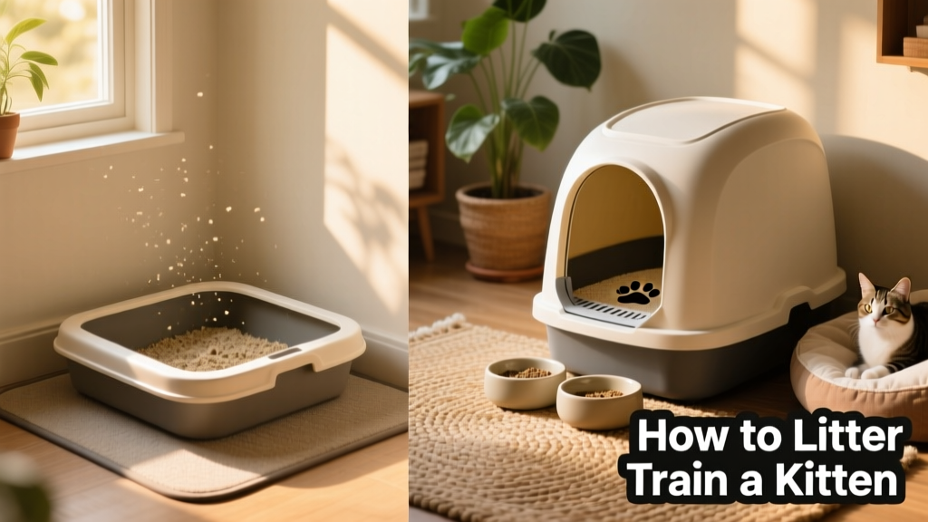 Side-by-side comparison: a tidy, low-profile litter tray in a quiet corner versus a tall, covered tray placed next to food bowls