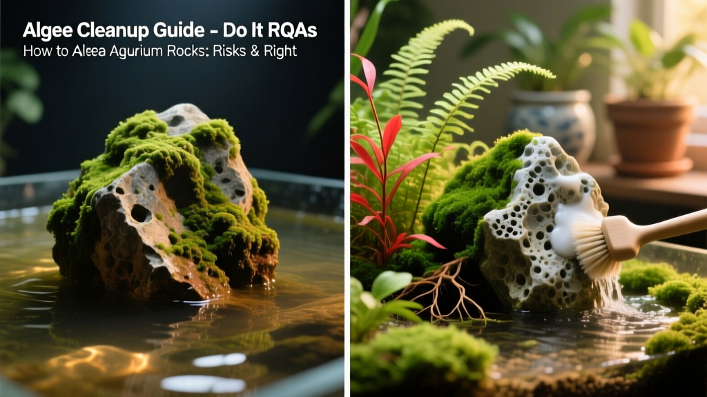 Side-by-side comparison: algae-covered aquarium rock vs. same rock after gentle cleaning and reintegration into a vibrant, planted tank