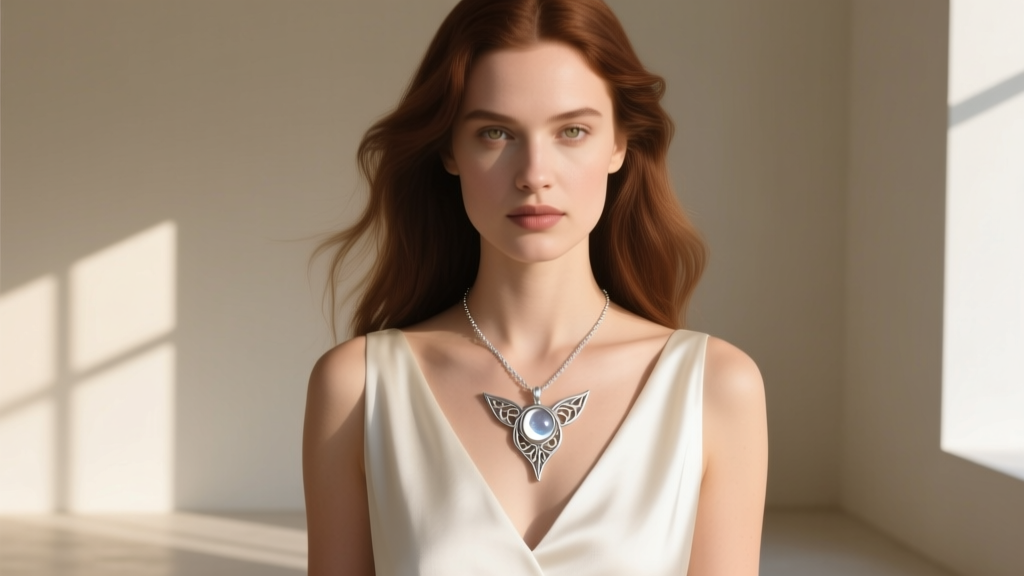 Woman wearing the Arwen Evenstar pendant with a V-neck dress, showing the delicate silver chain and elegant elven styling.