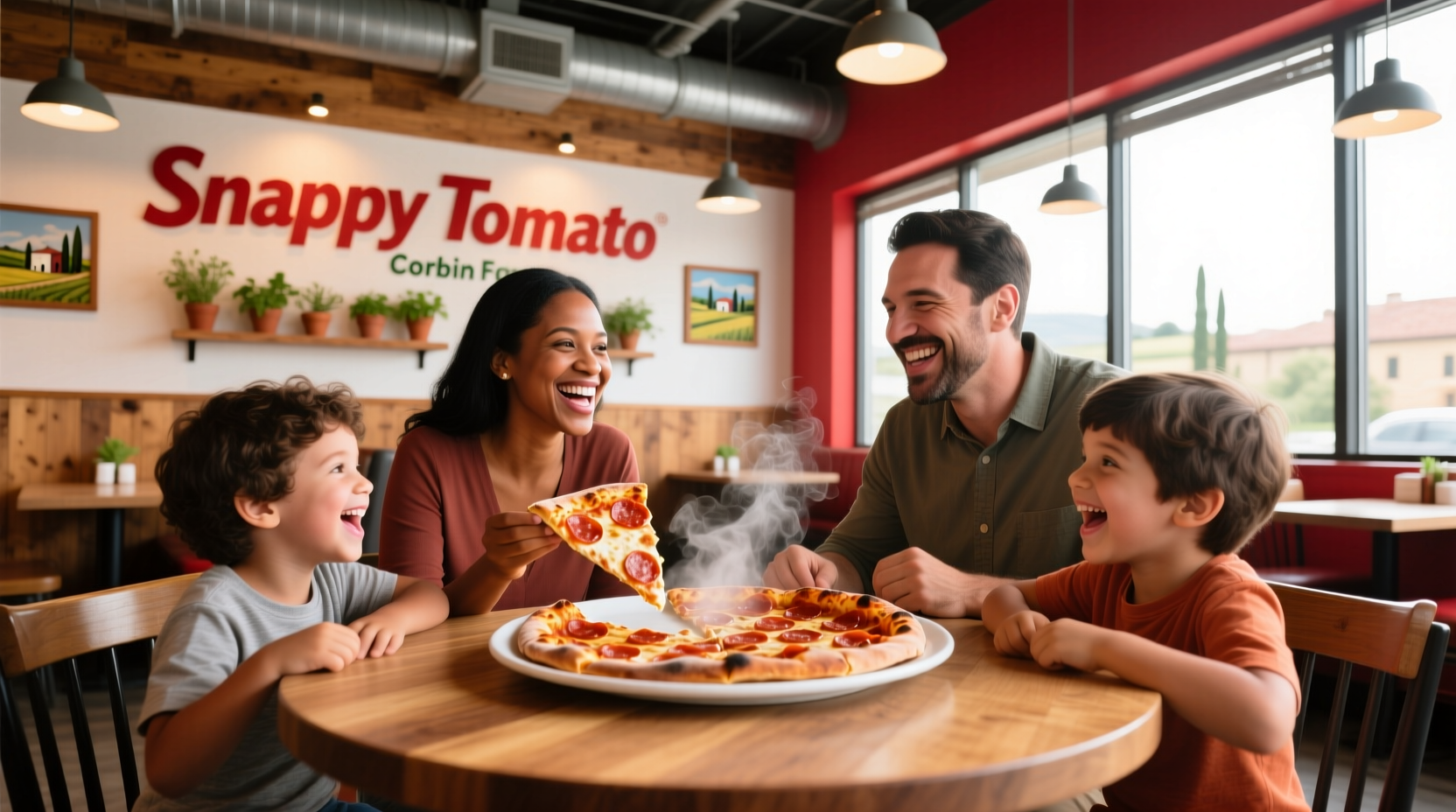 Family enjoying pizza at Snappy Tomato Corbin dining area