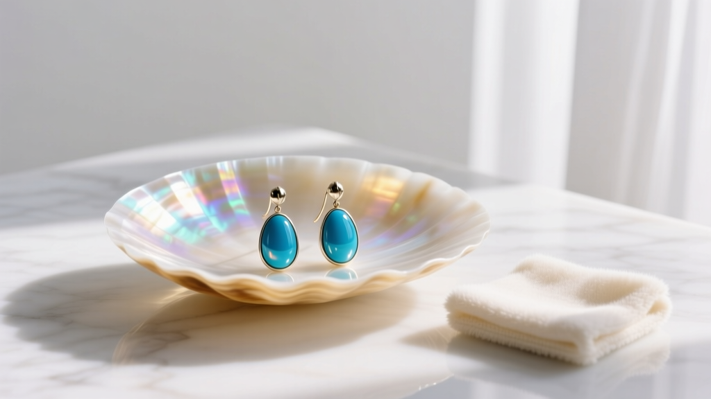 Translucent capiz shell jewelry dish on white marble, holding turquoise drop earrings and a soft microfiber polishing cloth.