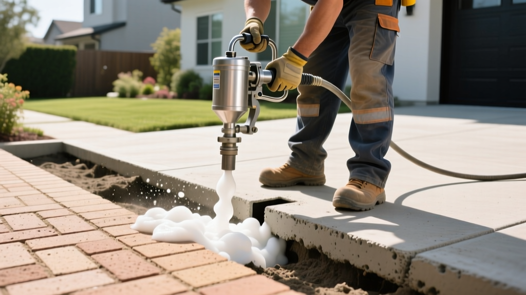 Contractor using a polyurethane foam injection rig to level a sunken concrete driveway slab adjacent to a newly re-sanded brick paver patio