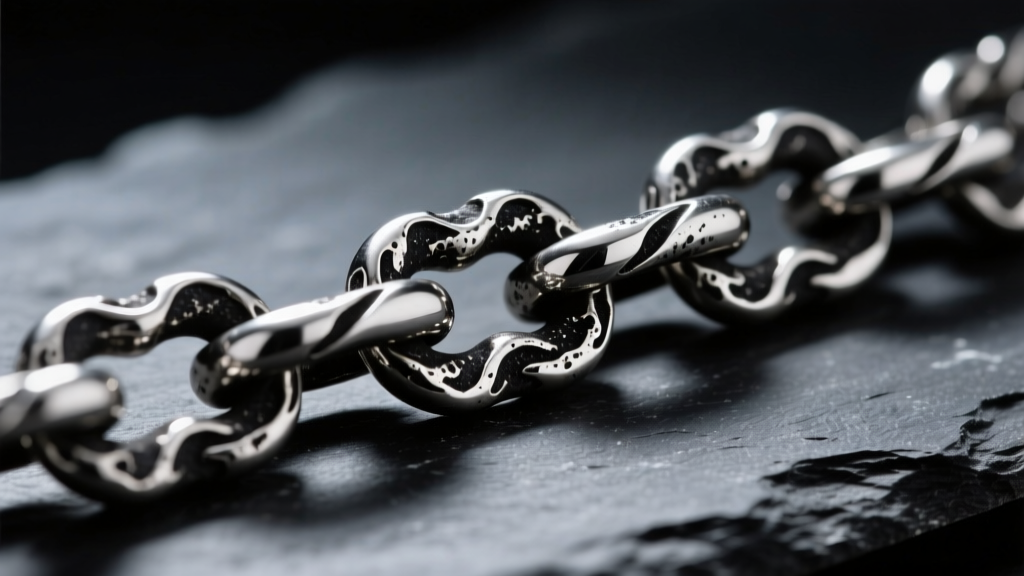 Macro shot of oxidized sterling silver chain links on dark slate, highlighting black silver sulfide tarnish under studio lighting.
