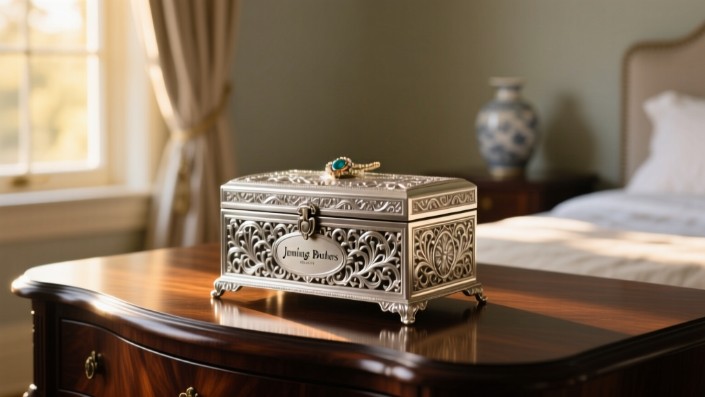 Ornate silver-plated vintage Jennings Brothers jewelry box on a dark mahogany vanity table, illuminated by soft warm morning light