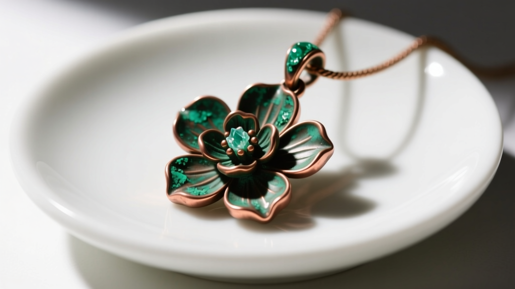 Close-up of a copper-alloy flower pendant showing green verdigris tarnish on the back bail, resting on a white ceramic jewelry dish