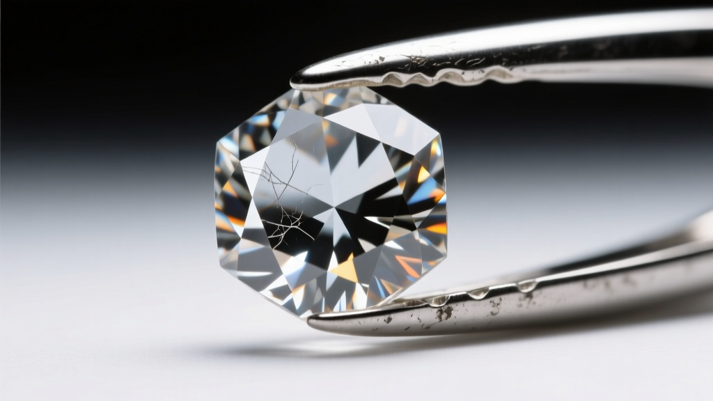 Macro view of a worn prong pressing onto a faceted cubic stone, showing metal wear and the gem edge under bright studio lighting.