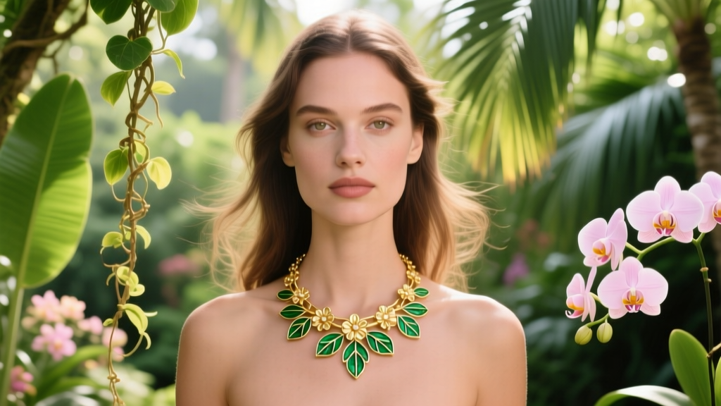 Woman wearing a floral gold necklace choker with green enamel leaves, standing in a bright, lush outdoor botanical garden setting