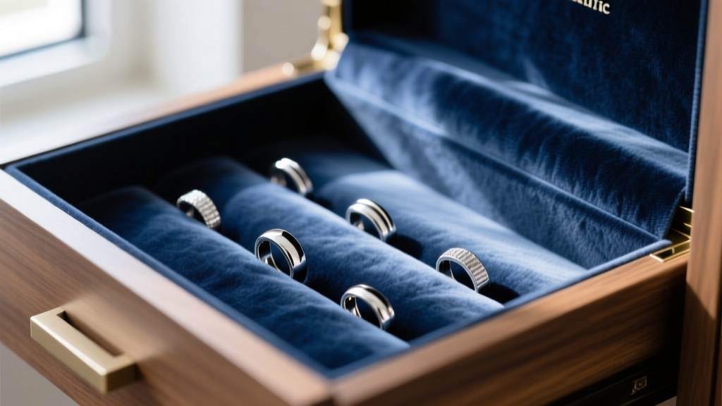 Close-up of Pacific Silvercloth lining inside a contemporary jewelry armoire drawer, protecting polished sterling silver rings.