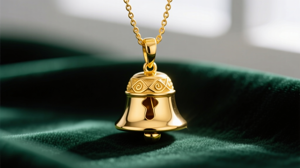 Macro shot of a 14k yellow gold jingle bells necklace pendant with a visible internal clapper, resting on dark green velvet fabric