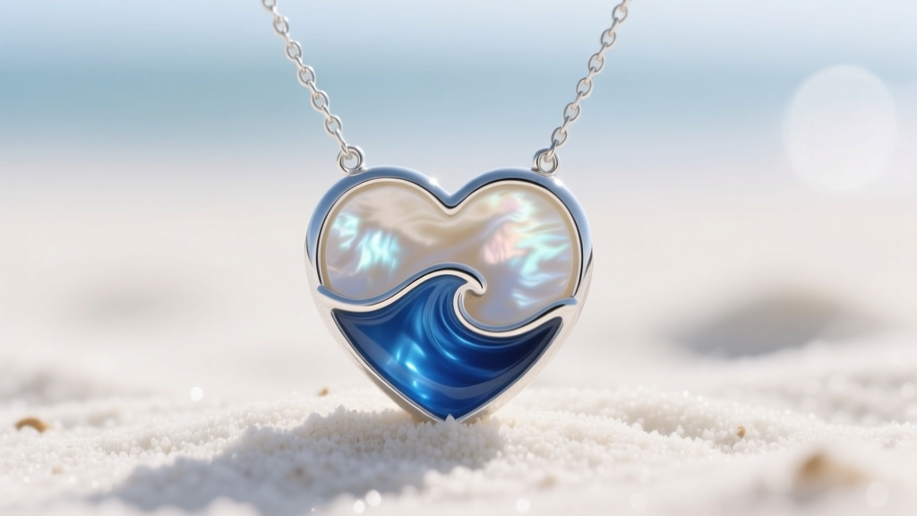 Close-up of a sterling silver heart ocean necklace with a blue resin wave over mother-of-pearl, resting on white sand.