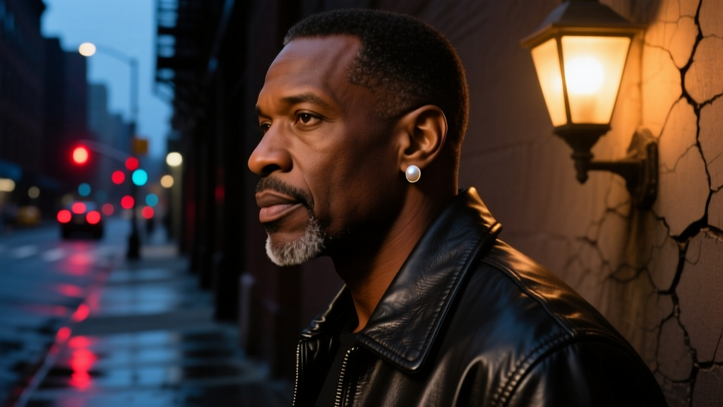 Profile of a man in a leather jacket wearing a small freshwater pearl hoop earring in his upper lobe, moody urban street lighting.