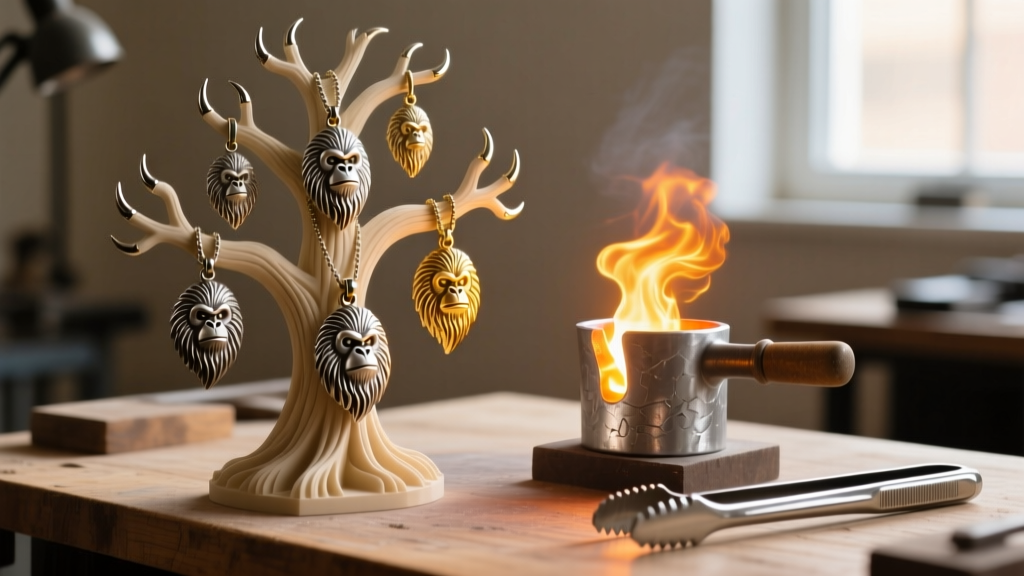 Jeweler workbench showing a lost-wax casting tree with sasquatch pendants, next to a crucible of molten silver and casting tongs.