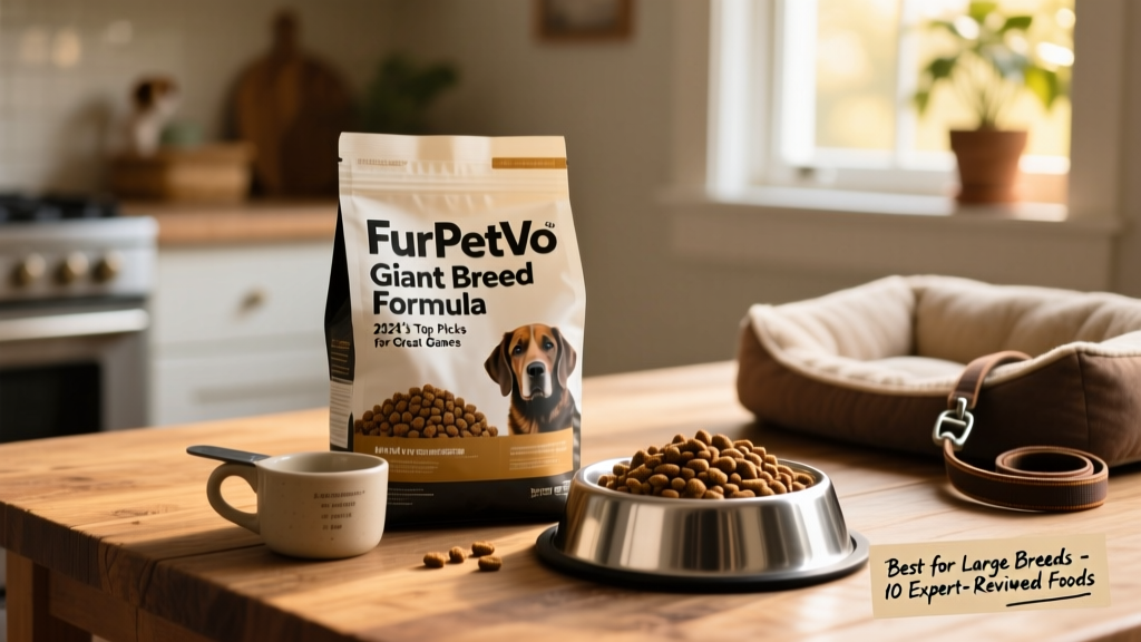 Close-up of kibble labeled 'FurPetVo Giant Breed Formula' next to a measuring cup and bowl