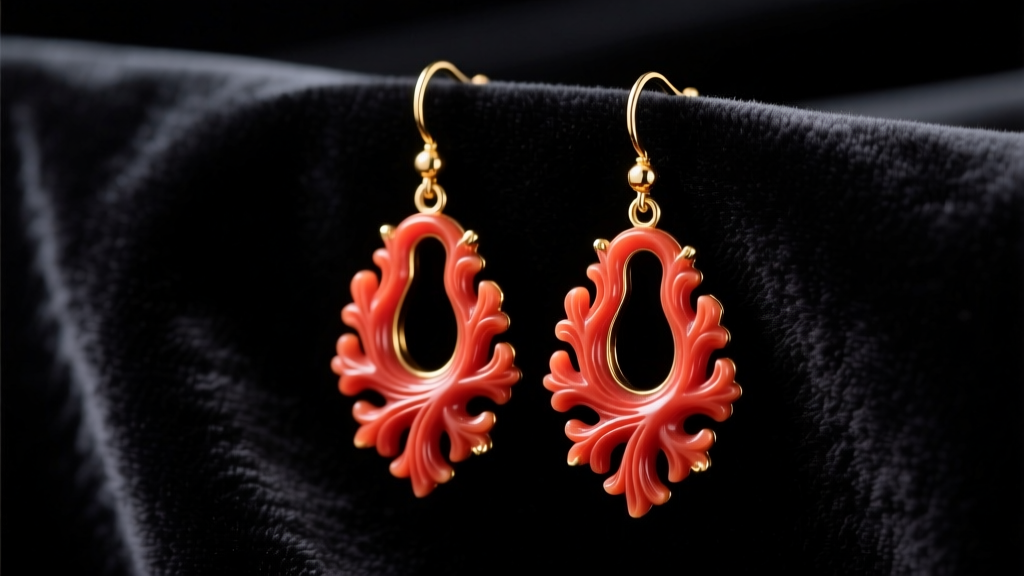 Close-up of Victorian carved red coral drop earrings in 14k gold on dark velvet, soft lighting highlighting the organic texture.
