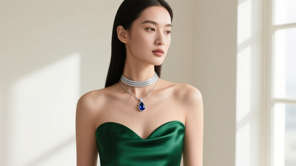 Sweetheart neckline dress paired with a 16-inch choker featuring a teardrop sapphire pendant highlighting the collarbone area.