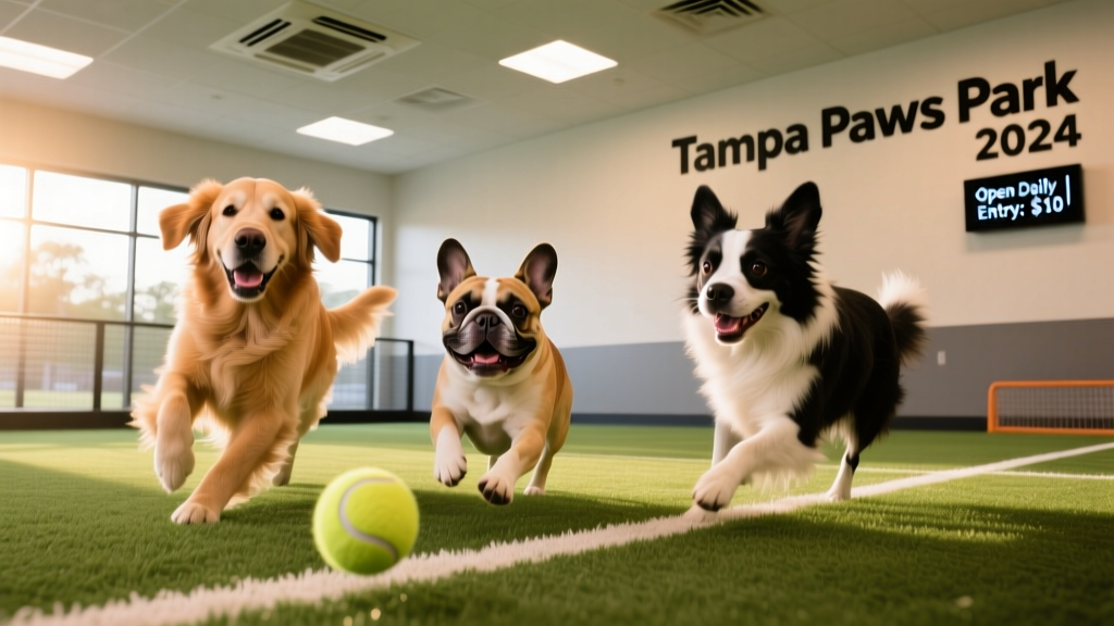 Happy dogs playing on indoor artificial turf with visible AC vents and soft lighting