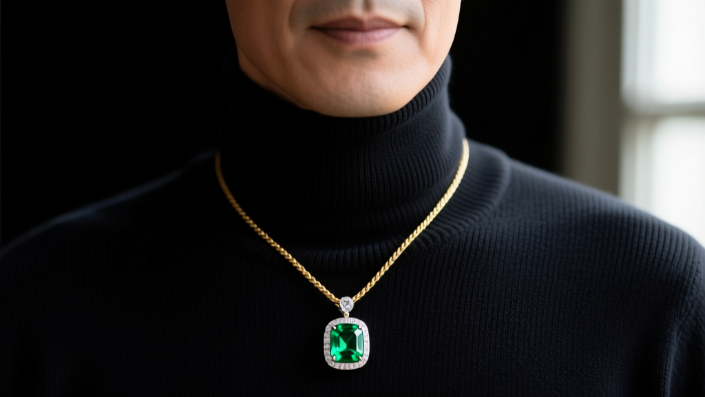 Close-up of a man wearing a 4-carat bezel-set Colombian emerald pendant on a 5mm gold rope chain against a dark turtleneck sweater.