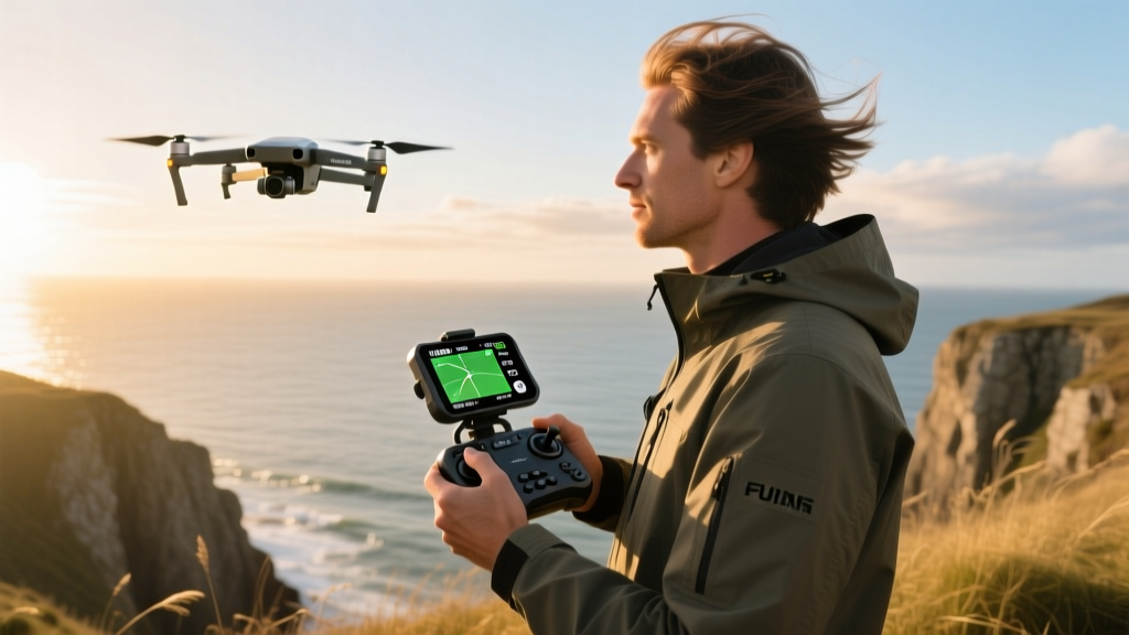 Drone pilot holding a ruggedized smart controller with a bright sunlight-readable screen displaying a live 1080p telemetry feed
