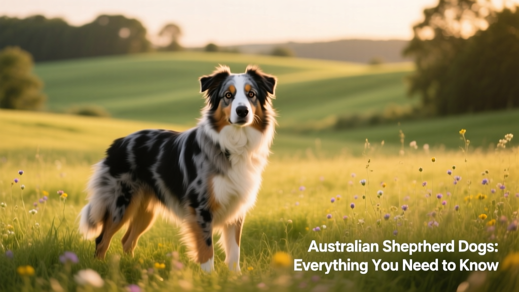 A confident adult Australian Shepherd standing alert in an open grassy field