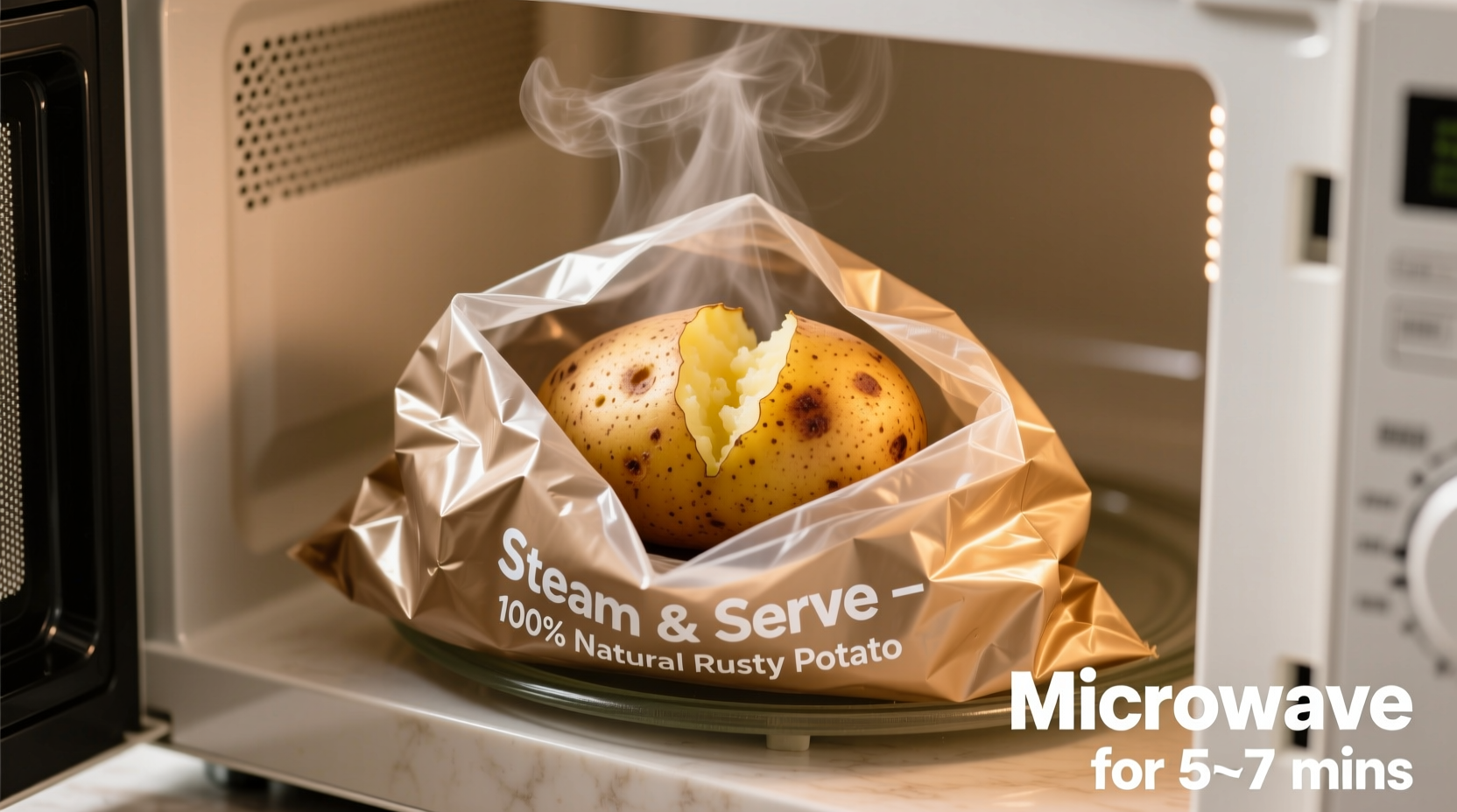 Mikrowellen-Kartoffeltasche mit dampfender Russet-Kartoffel