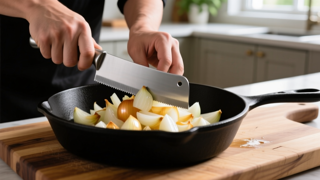 Hands using a wide titanium bench scraper to gather diced onions from a large wooden cutting board into a black cast iron pan
