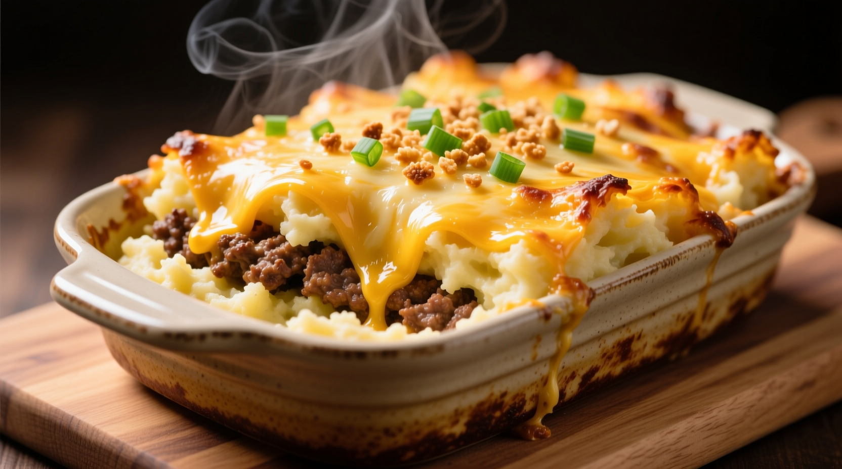 Golden baked hamburger mashed potato casserole with melted cheese