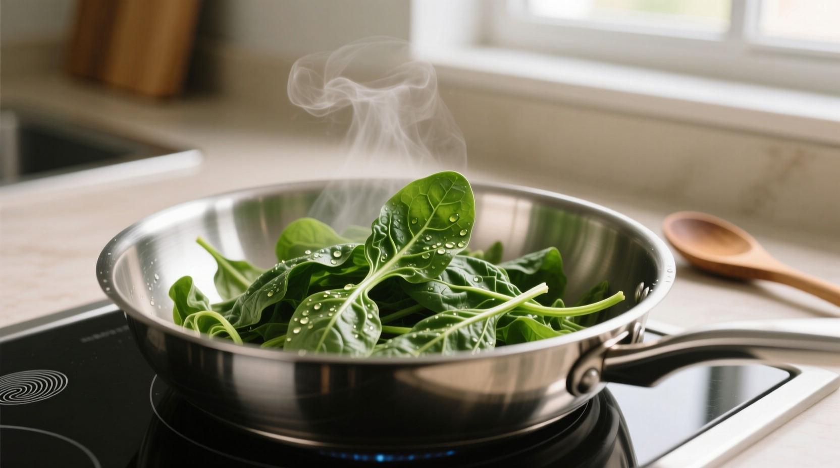 Fresh spinach wilting in stainless steel skillet