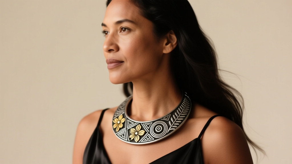 Woman wearing an oxidized sterling silver collarbone choker with Maori tribal patterns under soft studio lighting