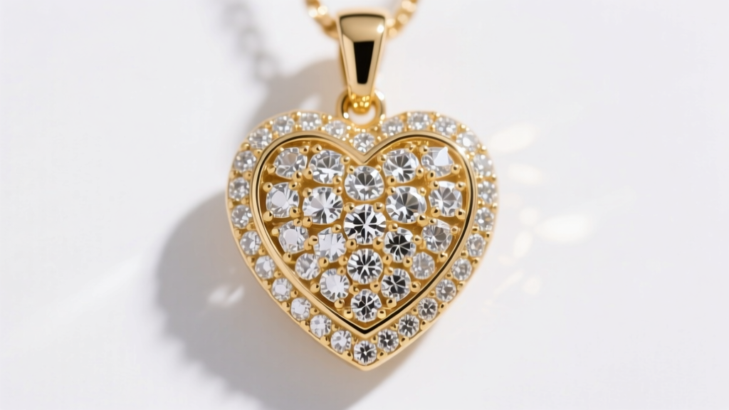 Close-up of a gold-plated heart pendant with pave cubic zirconia, showing metal texture and facets under crisp studio lighting.