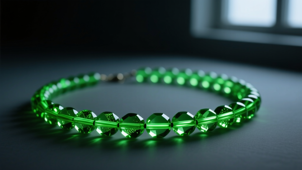 UV blacklight shining on a vintage green glass bead necklace, making the uranium beads glow bright neon green in a dark room.