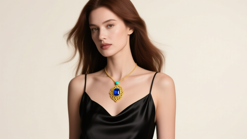 Elegant woman in a black silk slip dress wearing a high-grade Kingman turquoise pendant in 18k yellow gold, soft studio lighting.
