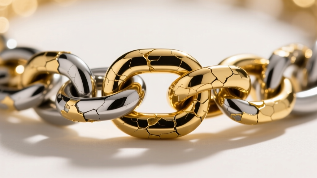 Macro shot of a gold-plated 316L stainless steel chain necklace showing microscopic flaking and peeling at the metal clasp joint.