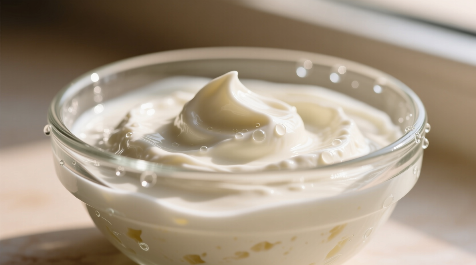 Close-up of Greek yogurt texture in glass bowl