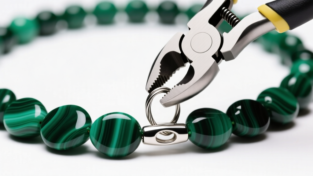 Crimp pliers securing steel wire to a silver clasp on a heavy green malachite beaded necklace, under bright studio lighting