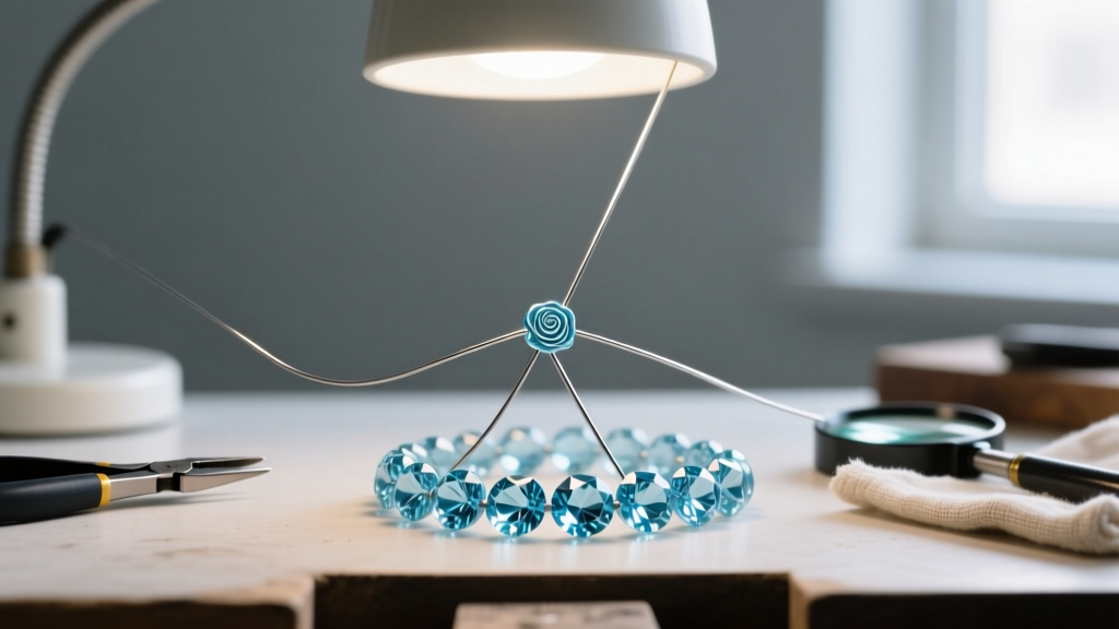 Workbench showing steel wire being threaded through carved rose-cut aquamarine gemstone beads under a bright lamp.