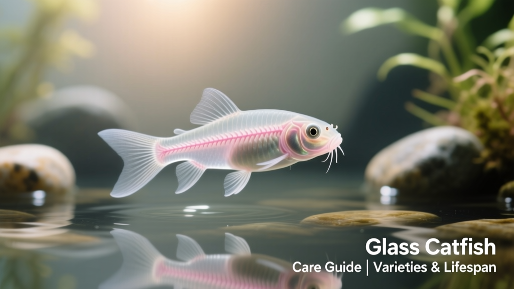 Close-up view of a single glass catfish showing its translucent body, visible spine, and subtle pinkish hue along the lateral line