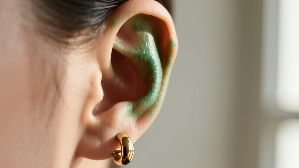 Macro shot of an earlobe showing slight green discoloration from copper oxidation, with a brass earring post partially visible