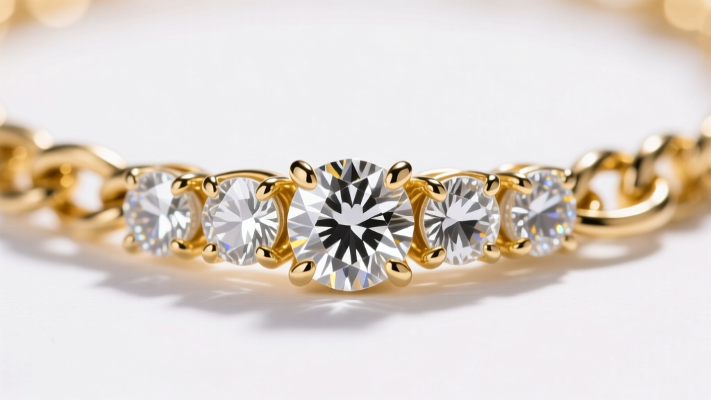 Macro shot of VVS diamond pavé on a gold chain, showing intricate prong work and bright light reflection under studio lighting.