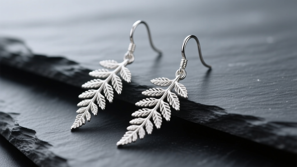 Close-up of intricate 925 sterling silver fern frond drop earrings resting on dark slate, highlighting delicate filigree leaflets.