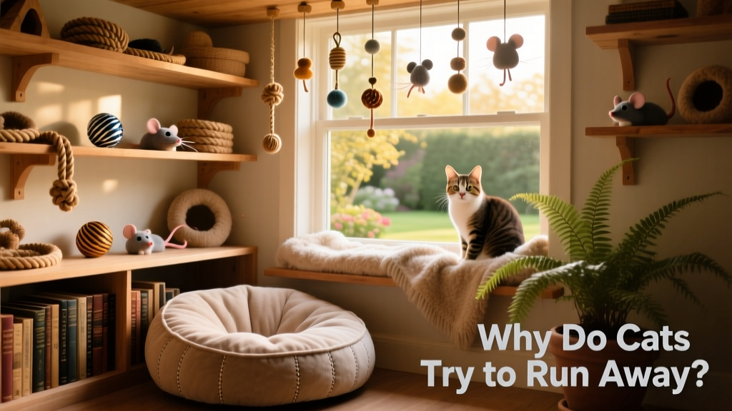 A cozy, enriched indoor cat space with shelves, hanging toys, a window perch, and a soft bed