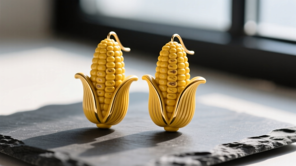Macro photography of handmade yellow polymer clay corn earrings with intricate kernel textures resting on a dark slate surface.
