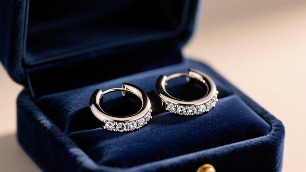 Velvet box revealing 16-gauge titanium huggie hoops with tiny bezel-set diamonds, illuminated by warm, directional studio lighting.
